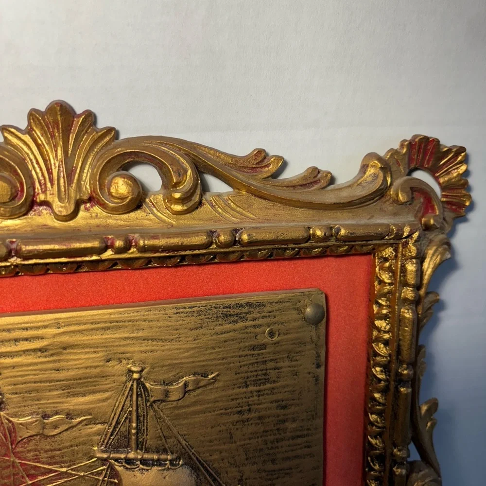 VTG Ornately Framed Schooner Ship Italy Red Velvet Matte Wall Hanging Goldtone